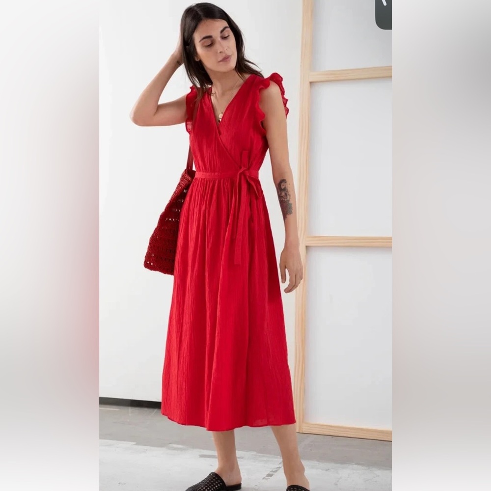 Cotton Crepe Midi Wrap Dress Red Swiss Dot